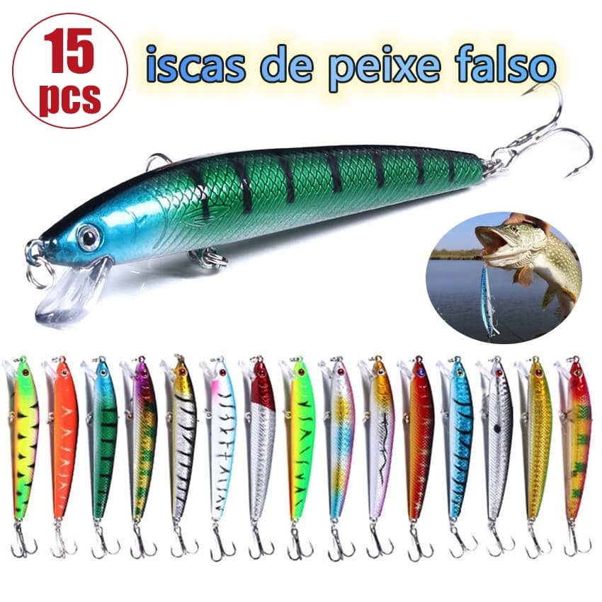 Kit 15 pcs Iscas artificiais,Isca de pesca de9,5cm, cavala, baixo,isca de simulação de salmão,Para Água Salgada Doce
