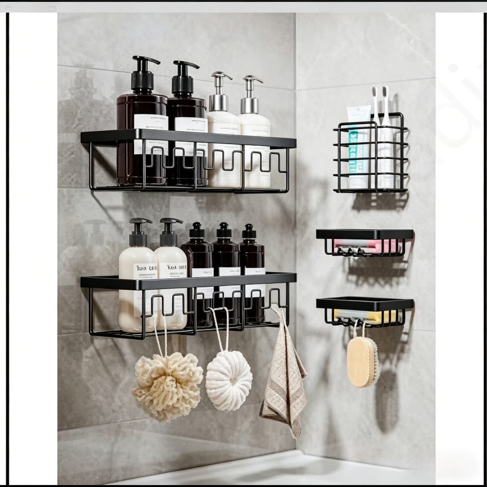 Conjunto de 5 peças de Rack de armazenamento de parede para banheiro - estilo elegante preto, Design sem furos, suporte