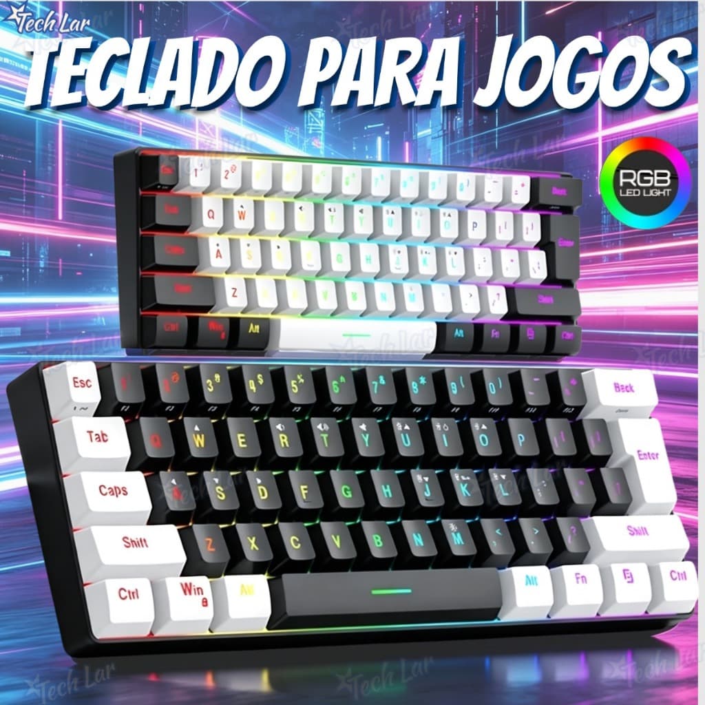 Teclado para jogos com fio 61-Key RGB Backlight Mini Compact USB-C Cabo de alimentação plugável Teclado de escritório -T