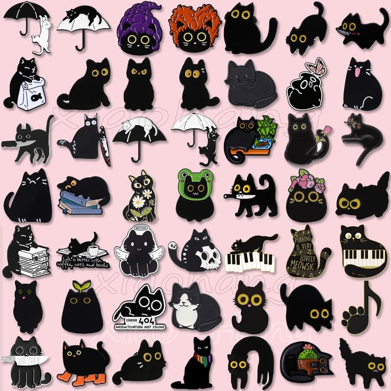 100 Estilos De Desenhos Animados Gato Preto Esmalte Pino Animal Broches Engraçado Gatinho Broche Bonito Olhos Grandes Ga