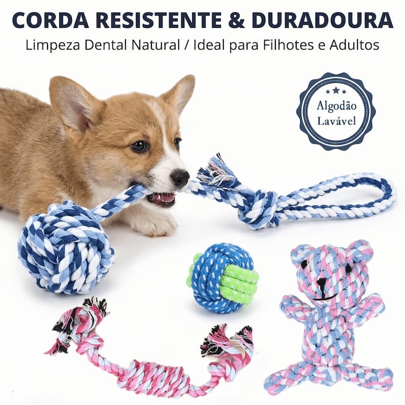 Kit 4 Peças Brinquedo de Corda Mordedor Cachorro Algodão Natural Resistente Limpeza Dental Interativo Filhote e Adulto