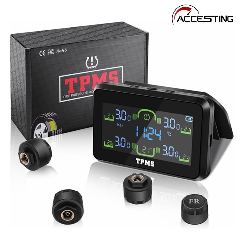 Sistema De Monitoramento De Pressão De Pneus De Carro TPMS , Carregamento Solar/USB , 5 Funções De Alarme , Compatível C