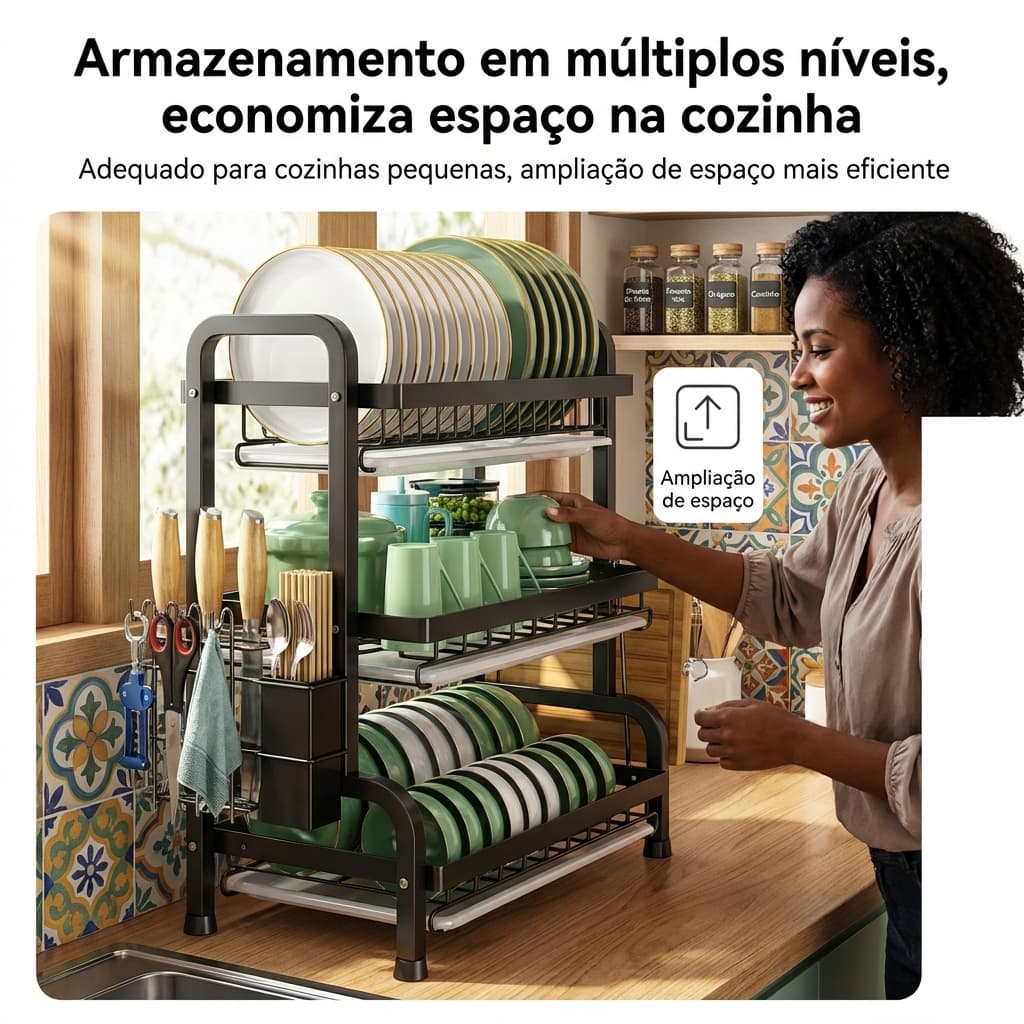 Pia de drenagem de cerâmica de duas camadas - Rack de armazenamento de cozinha com furo de drenagem, rack de talheres, f