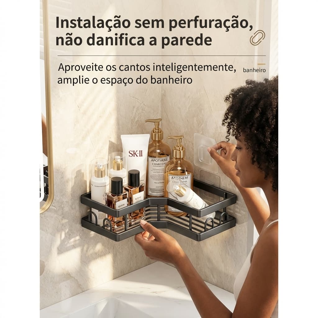 Conjunto de 5 peças de Rack de armazenamento de parede para banheiro - estilo elegante preto, Design sem furos, suporte