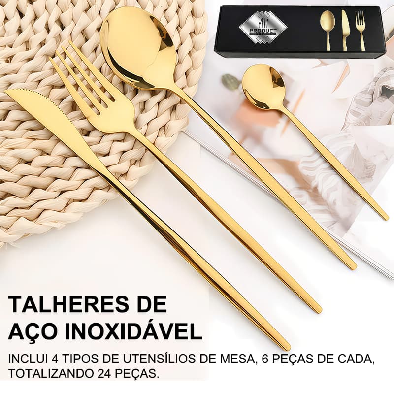 Kit 24 Aço Inoxidável De Dourado Talheres Para Uso Em Casa E Restaurantes