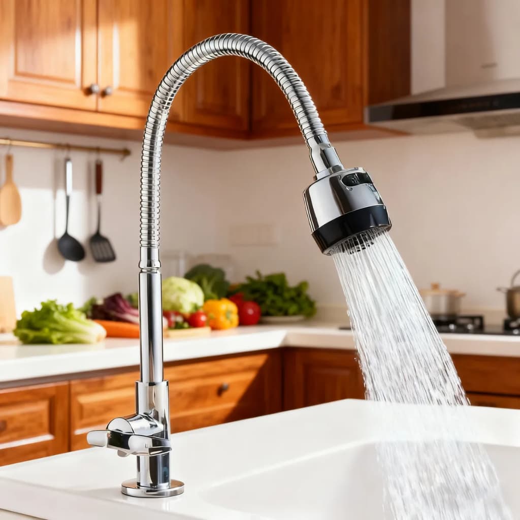 Torneira flexível de luxo para cozinha, instalação de mesa, bico duplo banhado a cobre prateado, anel giratório de 1/4