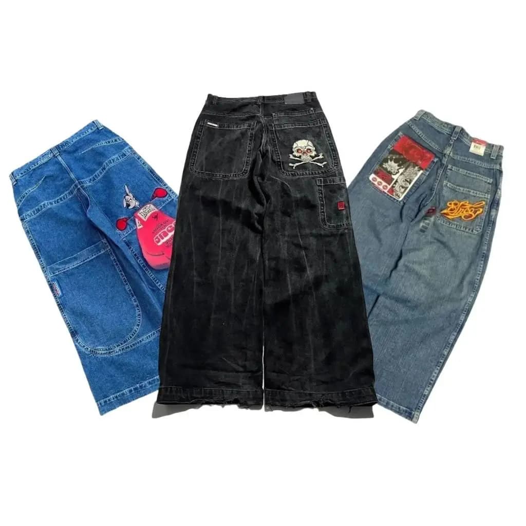 Harajuku Hip Hop Retro Crânio Gráfico Bordado JNCO Jeans Novo Baggy Denim Feminino Goth Cintura Alta Calças Largas