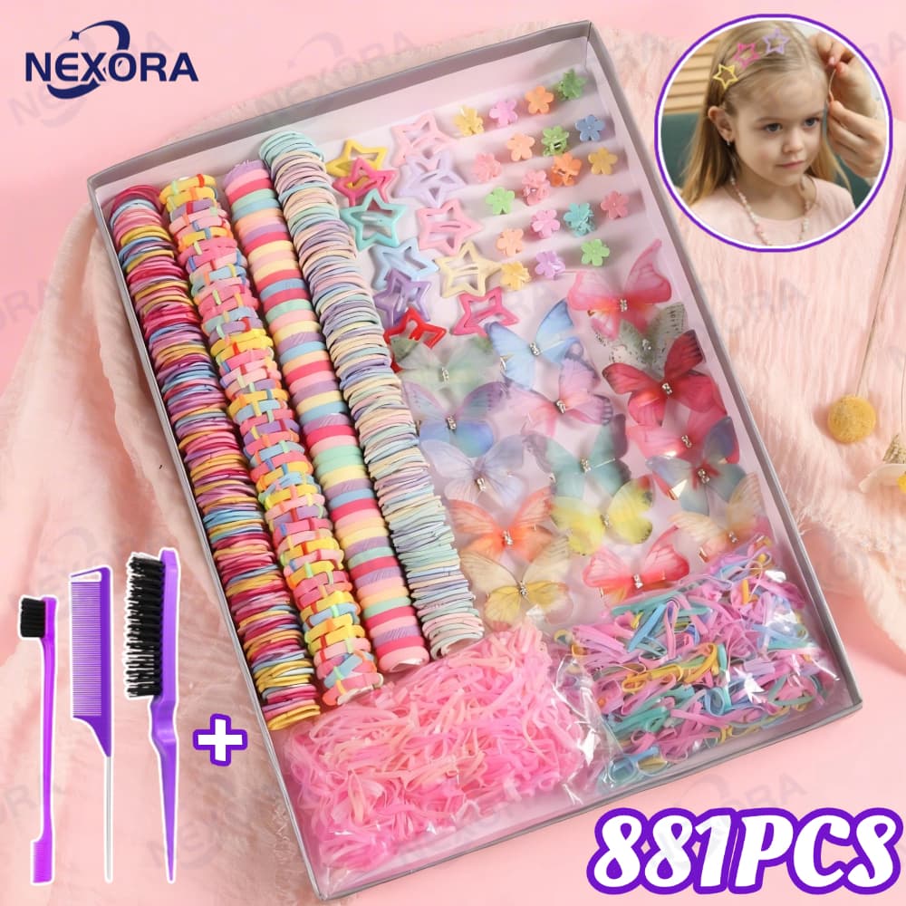 Kit de Acessórios para Cabelo Infantil 881 Peças | Elastas + Presilhas Coloridas,Presente, Spree, Conjunto