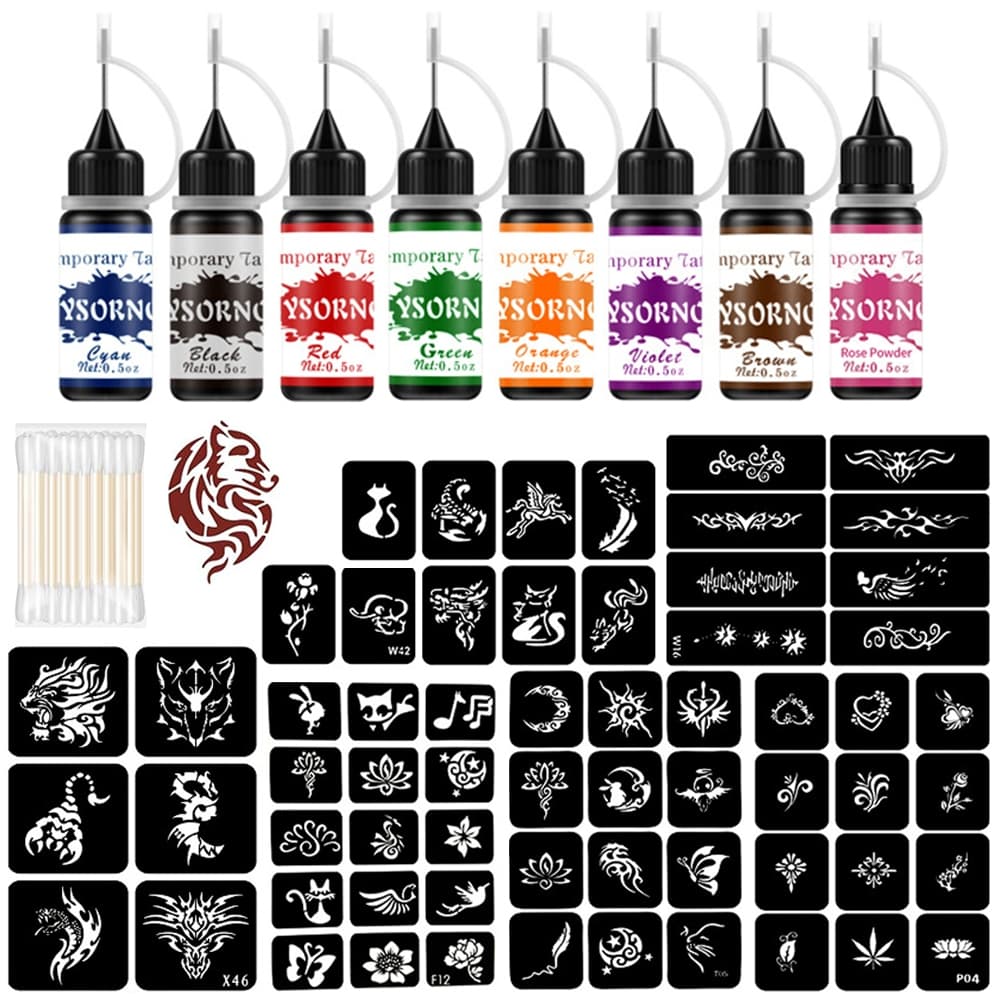 Kit De Tinta De Tatuagem Temporária De 8 Cores Com 62 Designs De Estênceis Para Pintura Corporal Halloween DIY Art Tatua