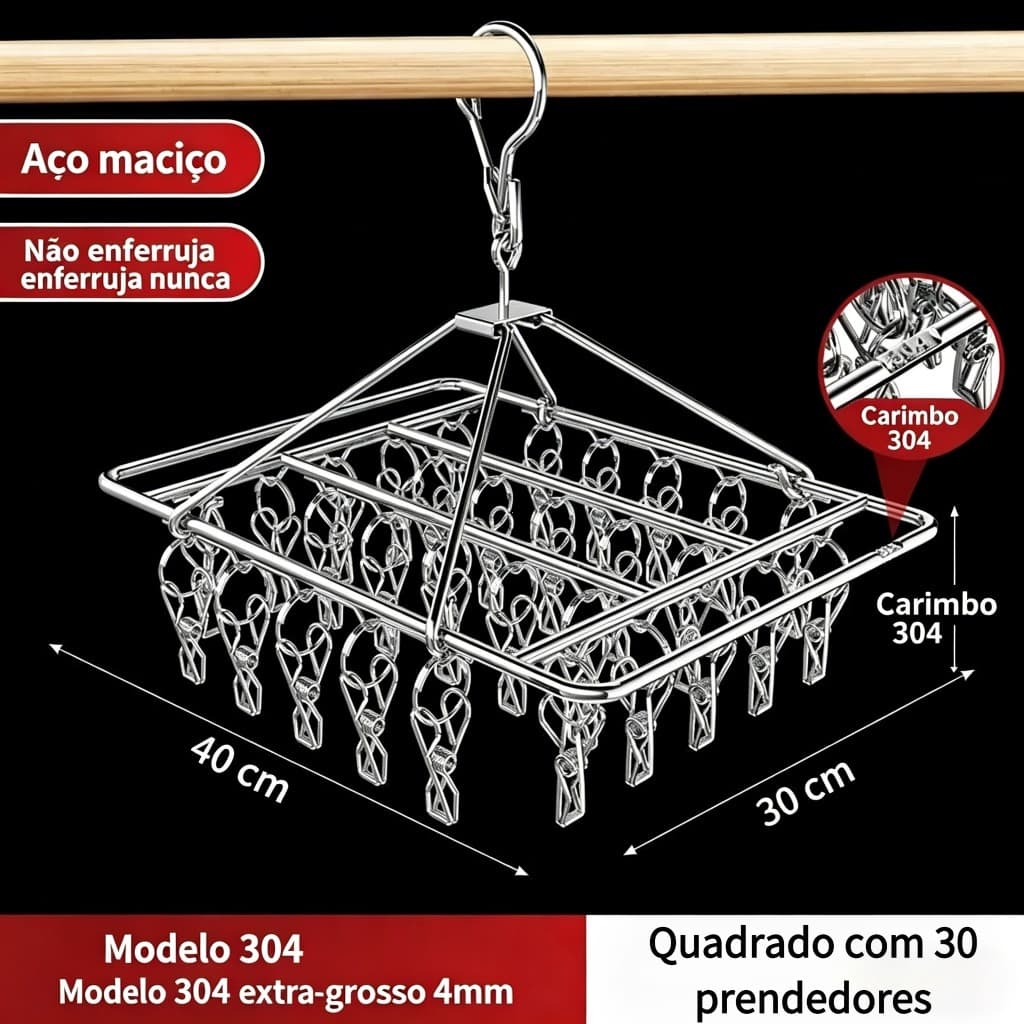 Varal de Chão Inoxidável 30/40 Prendedores Antivento 360° Giratório para Secagem Rápida de Roupas