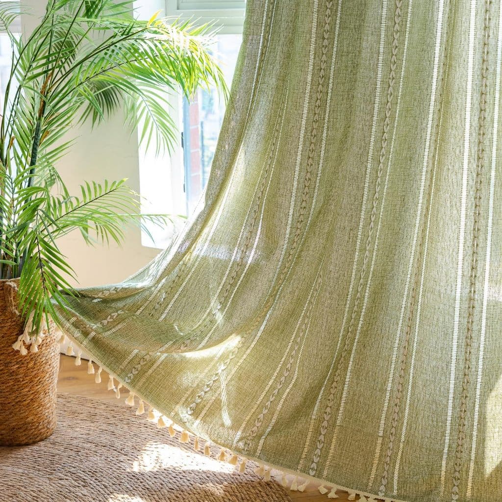 Cortinas De Linho Boho Verde Para Quarto , Sala De Estar , Jantar , Berçário , Semitransparentes De Sálvia Oca , Escurec