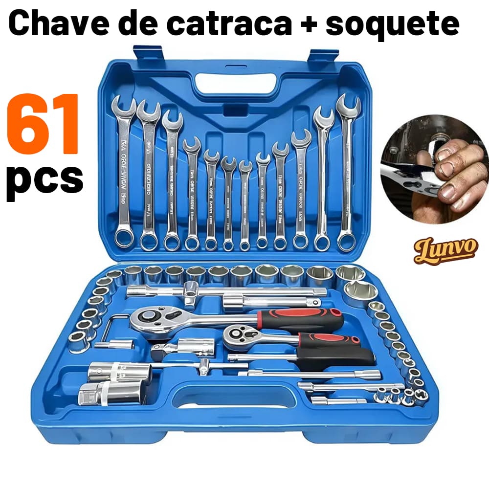 Kit 61 Peças de Ferramentas profissional jogo chave combinada soquetes e catraca grande