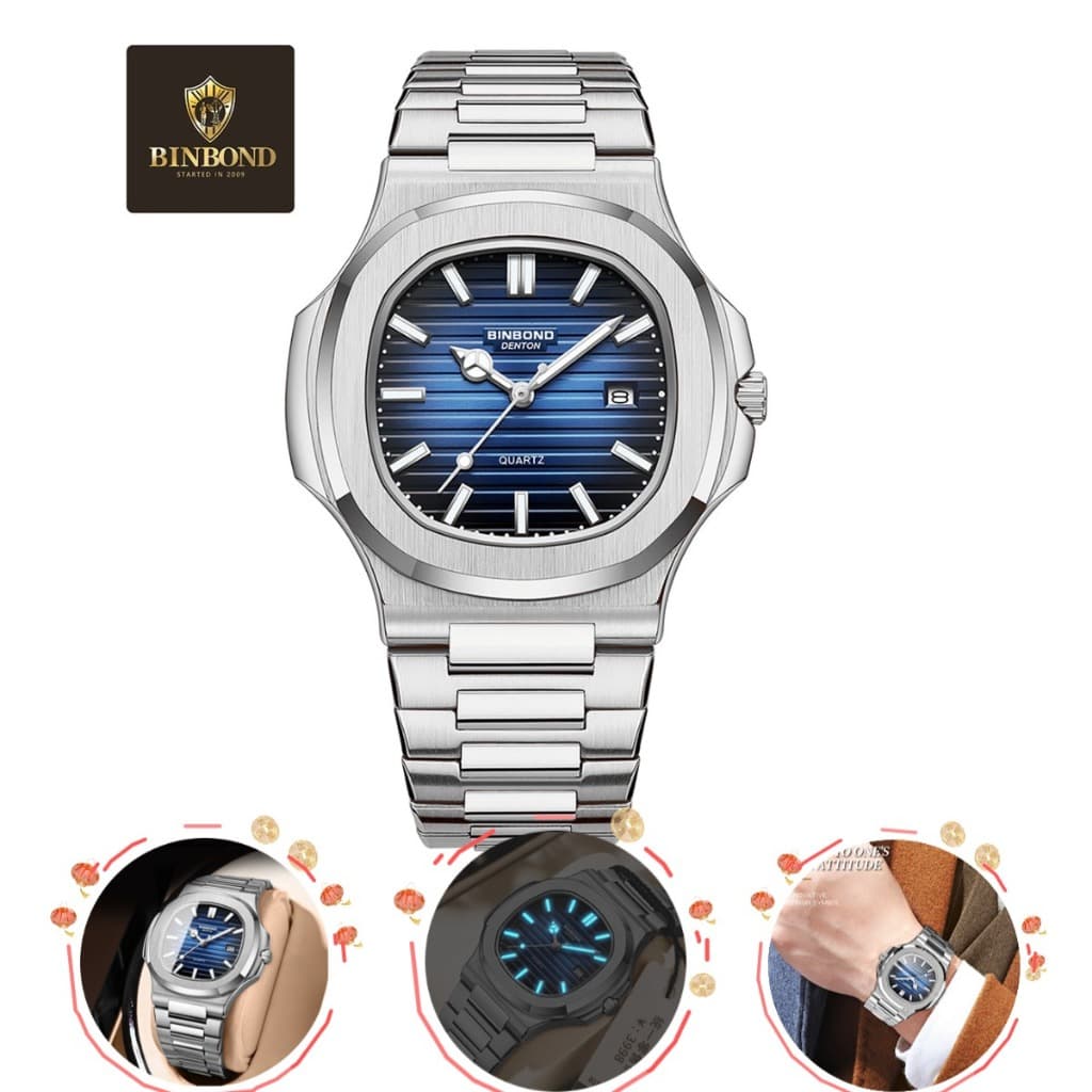 " Relógio De Quartzo Impermeável De Aço Inoxidável Masculino Original , Mãos Luminosas , Estilo casual , Calendário "