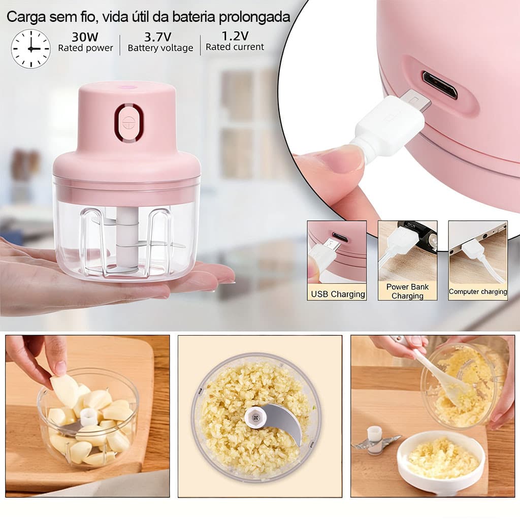 Liquidificador de cozinha portátil 250ML Moedor de carne, vegetais e frutas - recarregável por USB