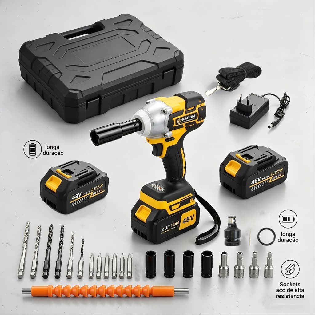 Conjunto 3 em 1 Sem Escova 48V 450NM Chave Impacto Furadeira Parafusadeira 2 Baterias 28 Peças Automotivo DIY