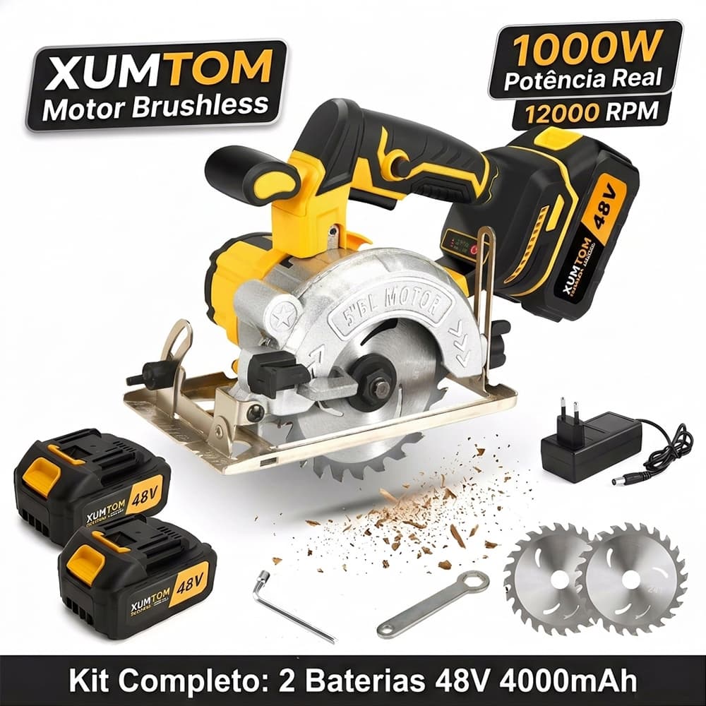 Serra Circular 48V Brushless 1000W - Kit c/ 2 Bat 4000mAh + Carregador Bivolt - Serra Tico Tico Madeira