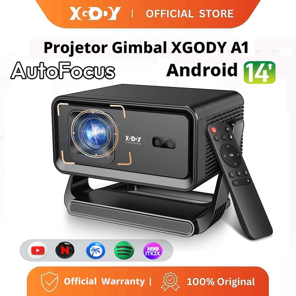 Projetor XGODY Gimbal A1 4K - Foco Automático Evita Obstáculos, Android 14.0, Alto-Falante Integrado, 400 ANSI Lumens