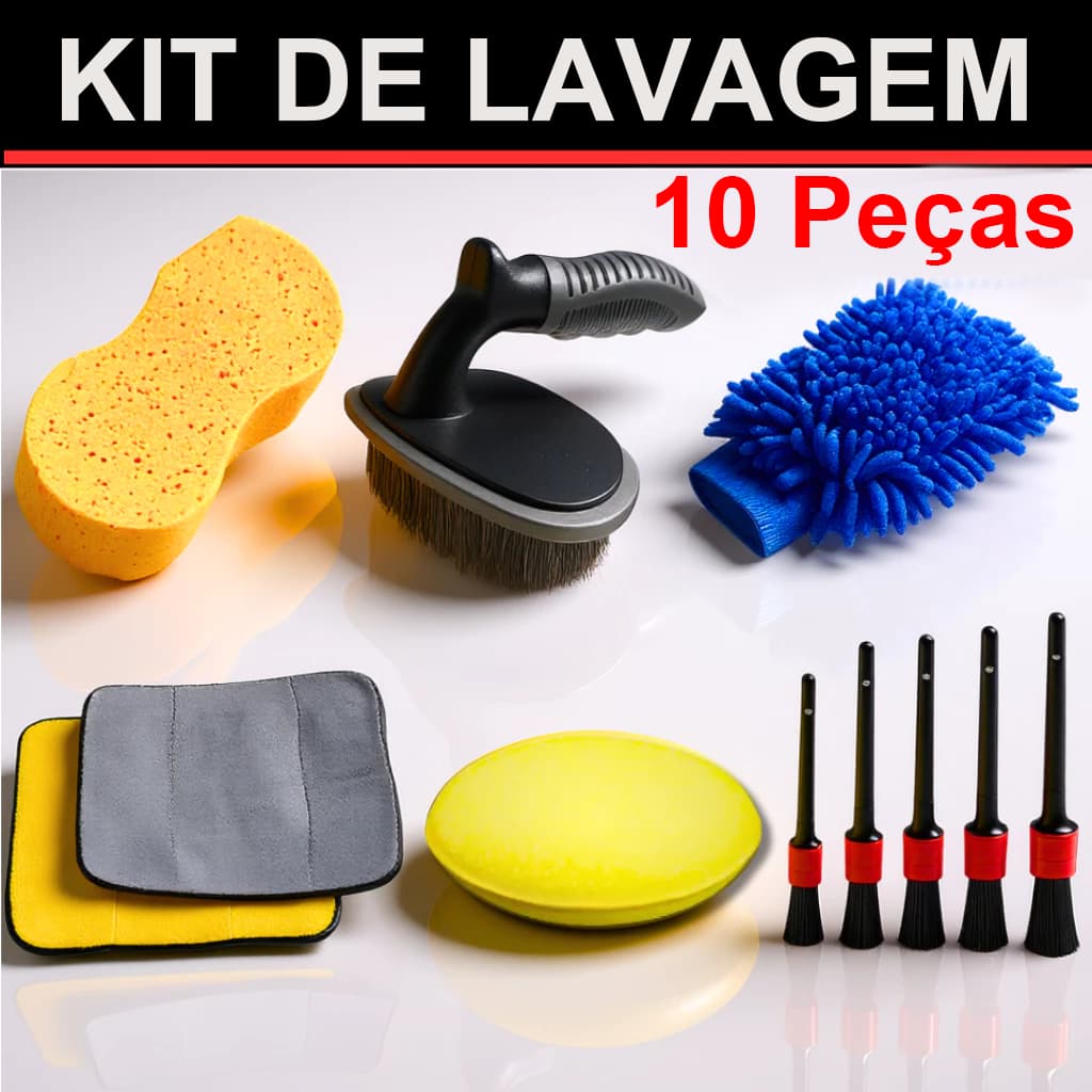 Kit 10 Peças Lavagem Automotiva Esponja + Escova de Pneu + Flanela + Aplicador de Cera + Luva Microfibra + Kit Pincel