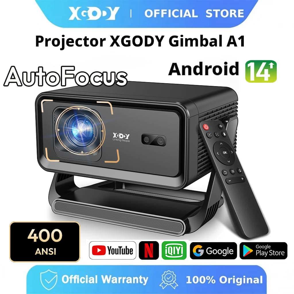 XGODY Projetor Portátil Gimbal A1 4K Ultra HD 1080P Nativo Foco Automático Android 14 Alto-Falantes Duplos 5W