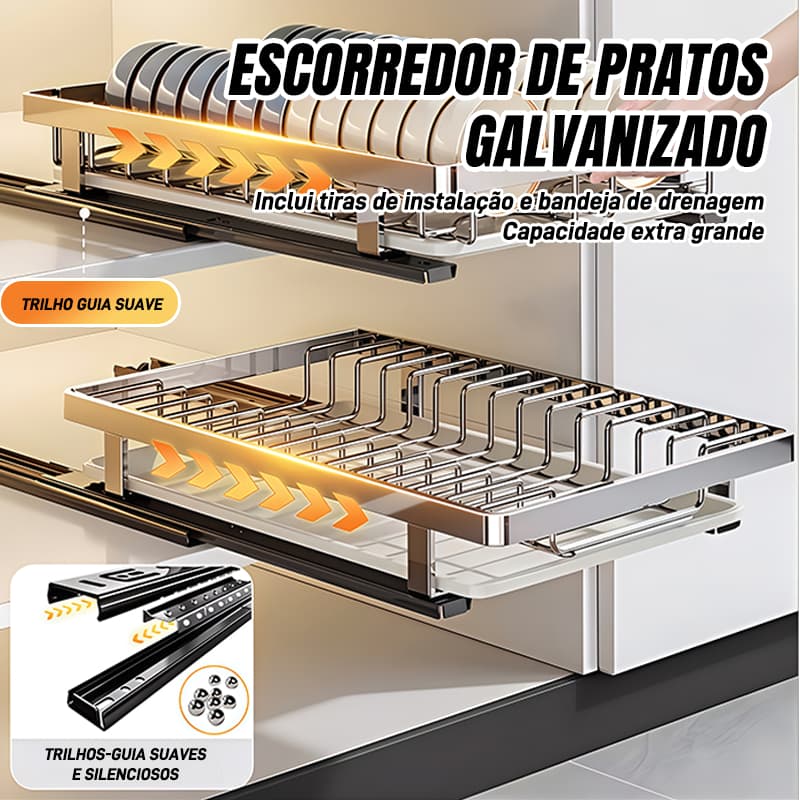 Escorredor de Pratos Deslizante com Bandeja Organizador de Armário Antiferrugem para Cozinha