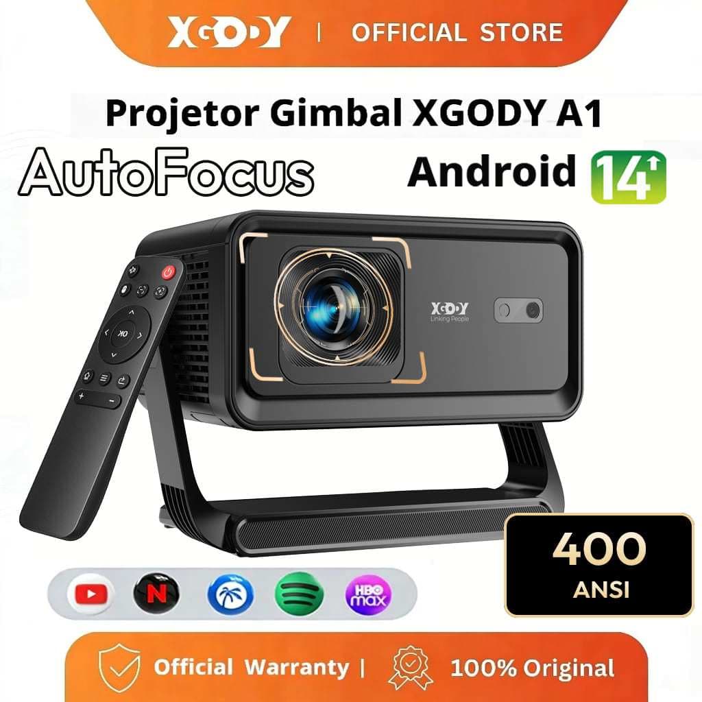 Projetor XGODY Gimbal A1 4K 400 Lúmens ANSI Foco Automático Android 14 Alto-Falante Embutido