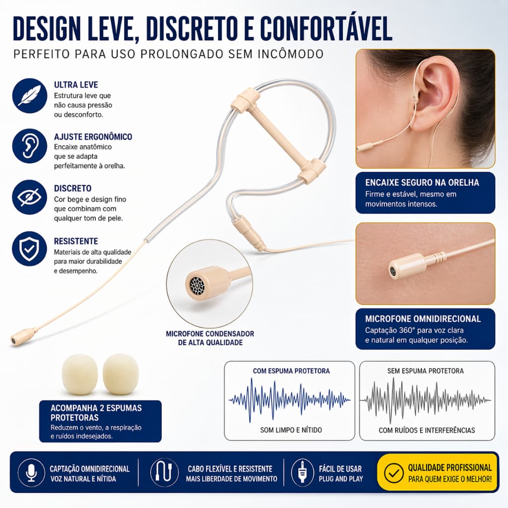Microfone Auricular Profissional com Multiconectores 3,5mm XLR ATStyle MIPRO para Palestras Aulas Eventos Captação Clara