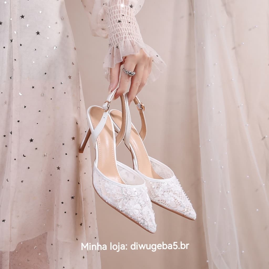 Sapatos femininos de salto alto com renda branca e coração, sapatos confortáveis para casamento e festa de casamento