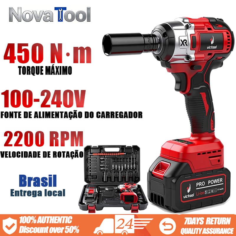 Chave de impacto sem escovas de 450 Nm e 2200 RPM, acompanha duas baterias.
