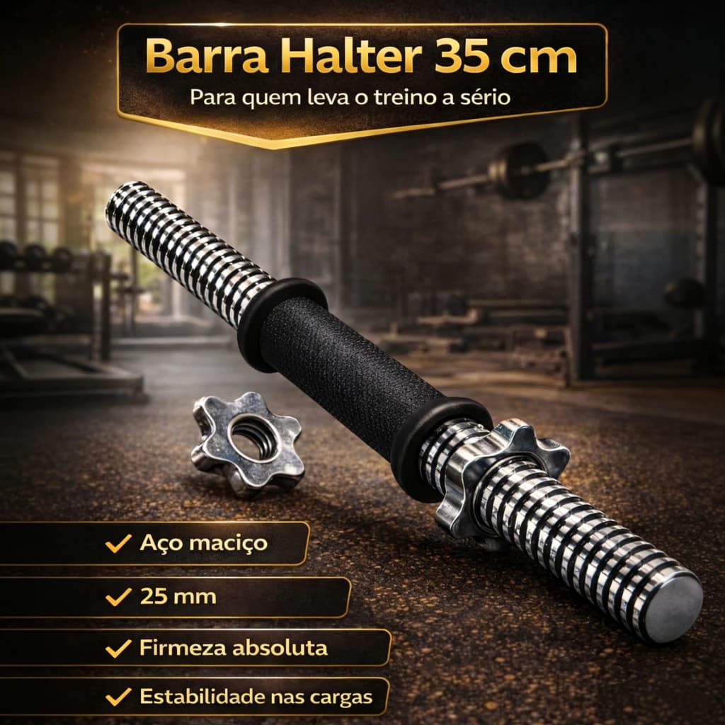 Barra Halter 35cm De Inox Com Rosca Sem Anilha Antiderrapante Rosca Direta Maciça Biceps Supino Agachamento Crucifixo 1u