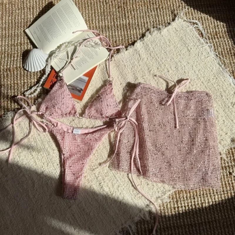 Conjunto De Biquíni De Malha Especial De 3 Peças Com Alça De Cor Sólida