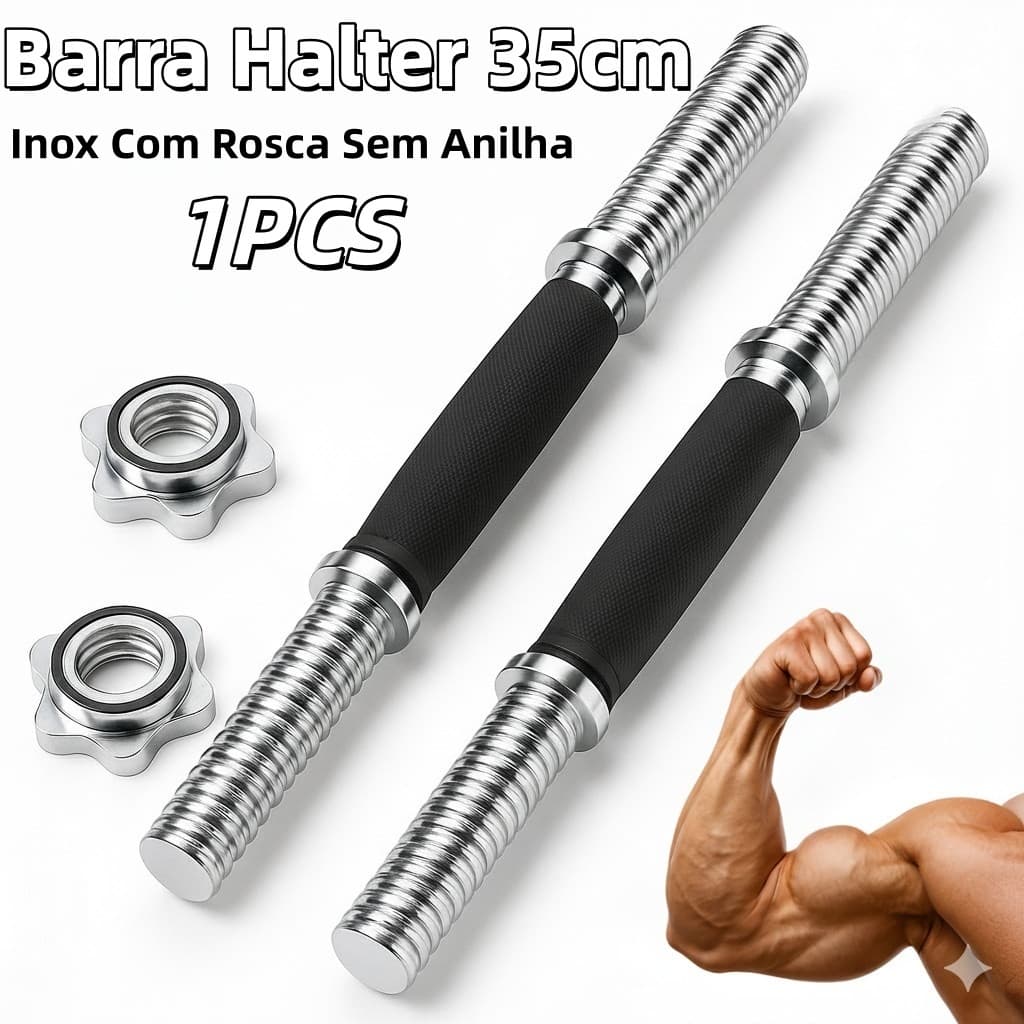 Barra Halter 35cm De Inox Com Rosca Sem Anilha Antiderrapante Rosca Direta Maciça Biceps Supino Agachamento Crucifixo