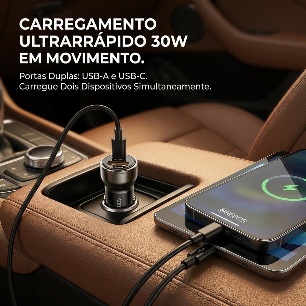 HEYOO x HREBOS Carregador Veicular 30W Dupla Porta USB-A + USB-C Recarga Rápida para Celular e Tablet