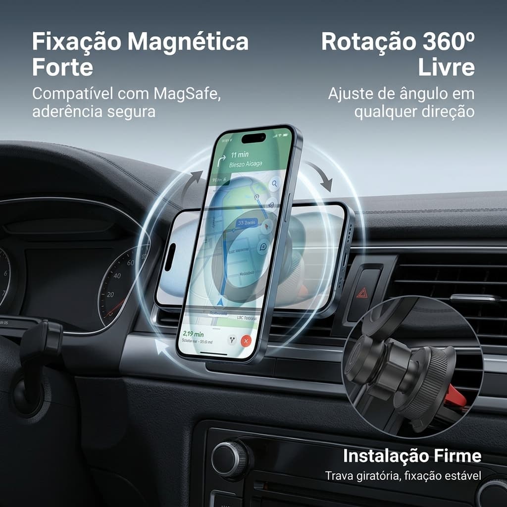 HEYOO x HREBOS Suporte Magnético para Celular Automotivo, Fixação na Saída de Ar, Acessório Essencial para Dirigir