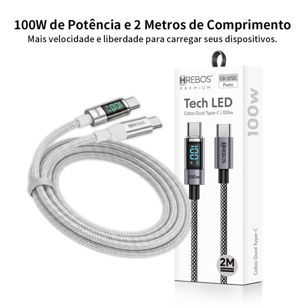 HEYOO x HREBOS Cabo Type-C Display Digital 100W Dual de Carregamento Rápido Trançado Cabo de Dados PD Durável