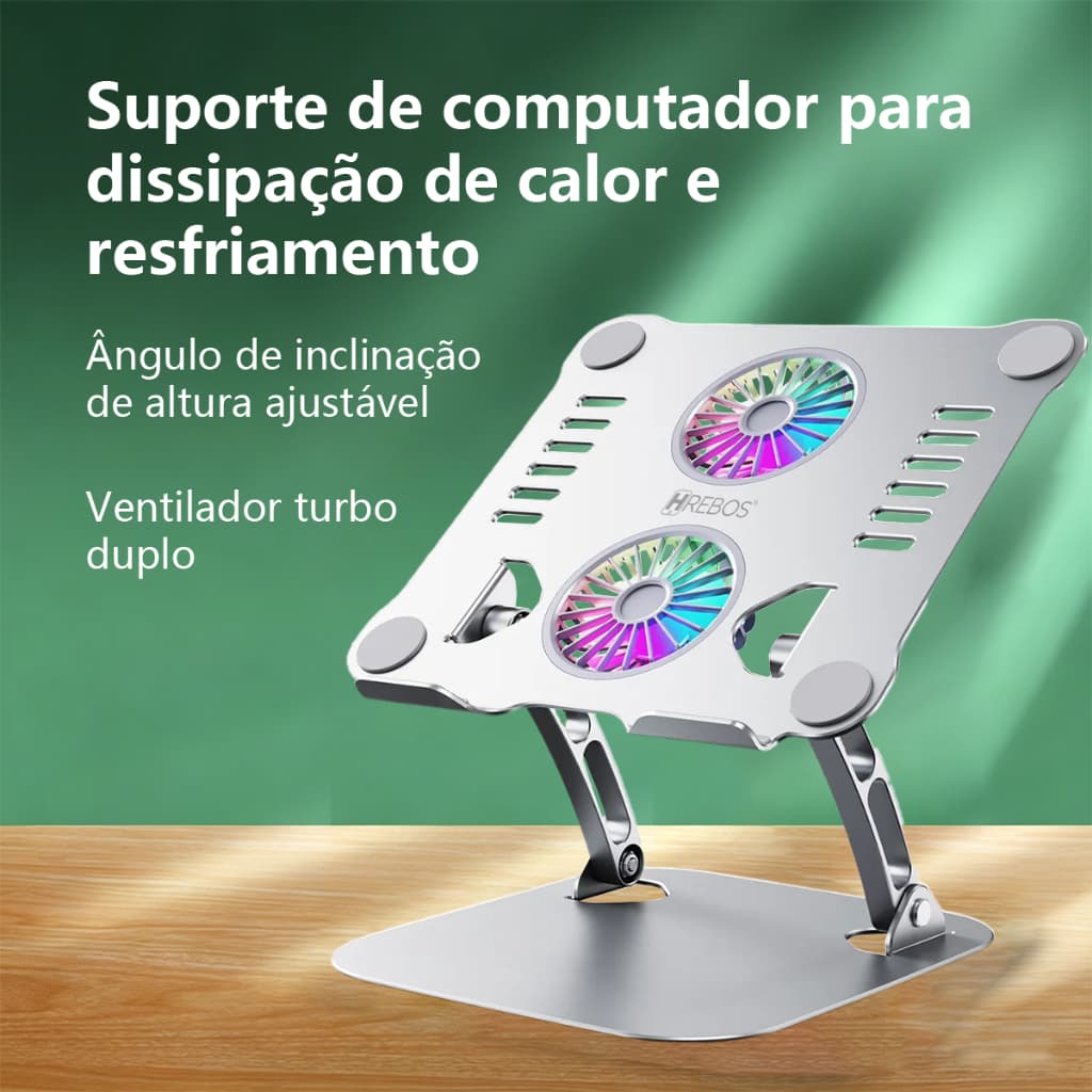 HREBOS x HEYOO Suporte Elevável para Notebook Resfriamento RGB em Alumínio Silicone Anti-deslizante