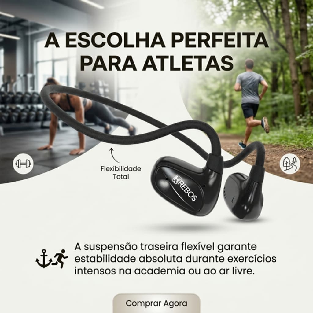 HEYOO x HREBOS Fone de Ouvido Sem Fio Esportivo Gancho Auricular, com Encaixe Firme e Bateria Duradoura