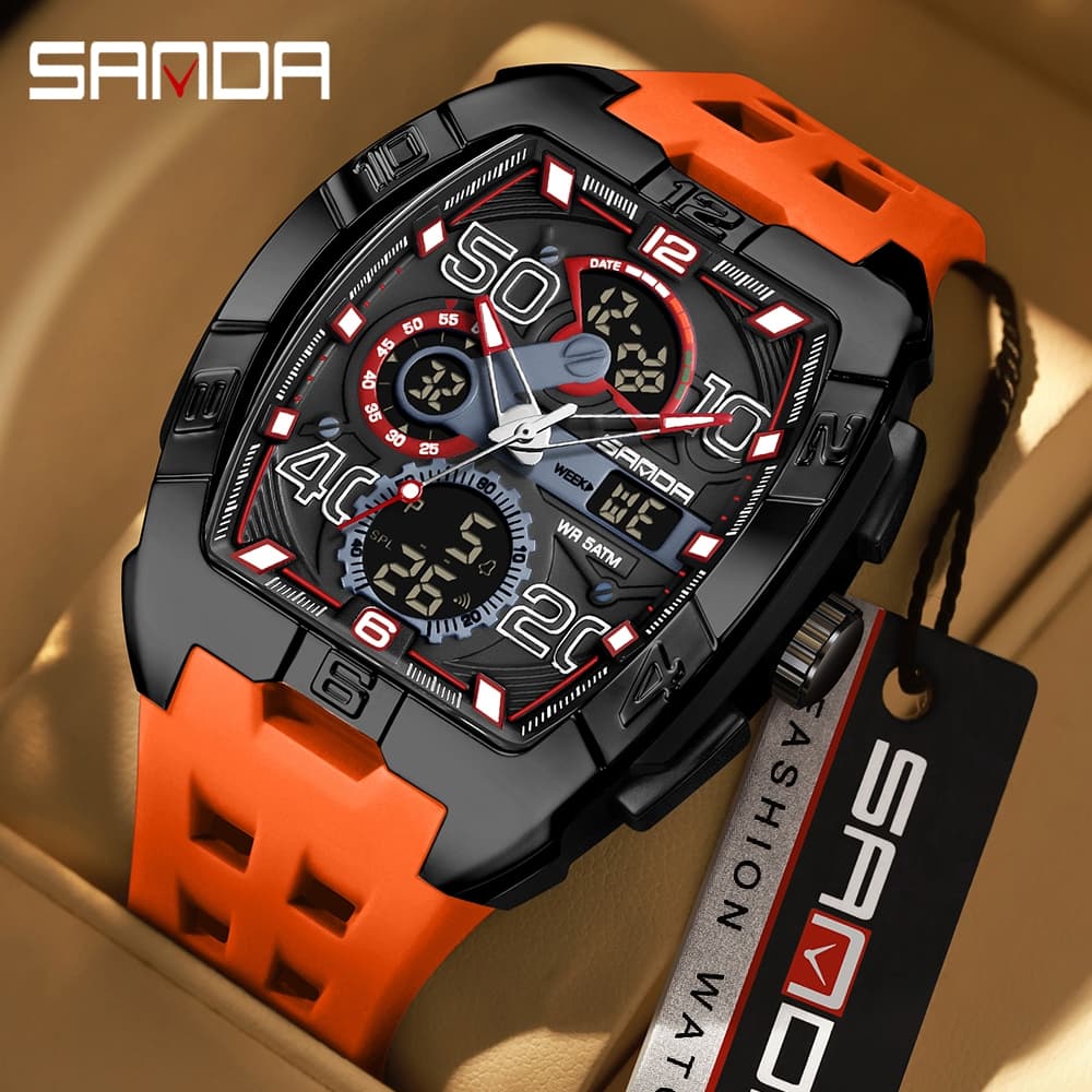 SANDA 5110 Relógio Masculino Multifuncional Com Display Duplo Digital Tonneau Sport Relógios À Prova D'água-36