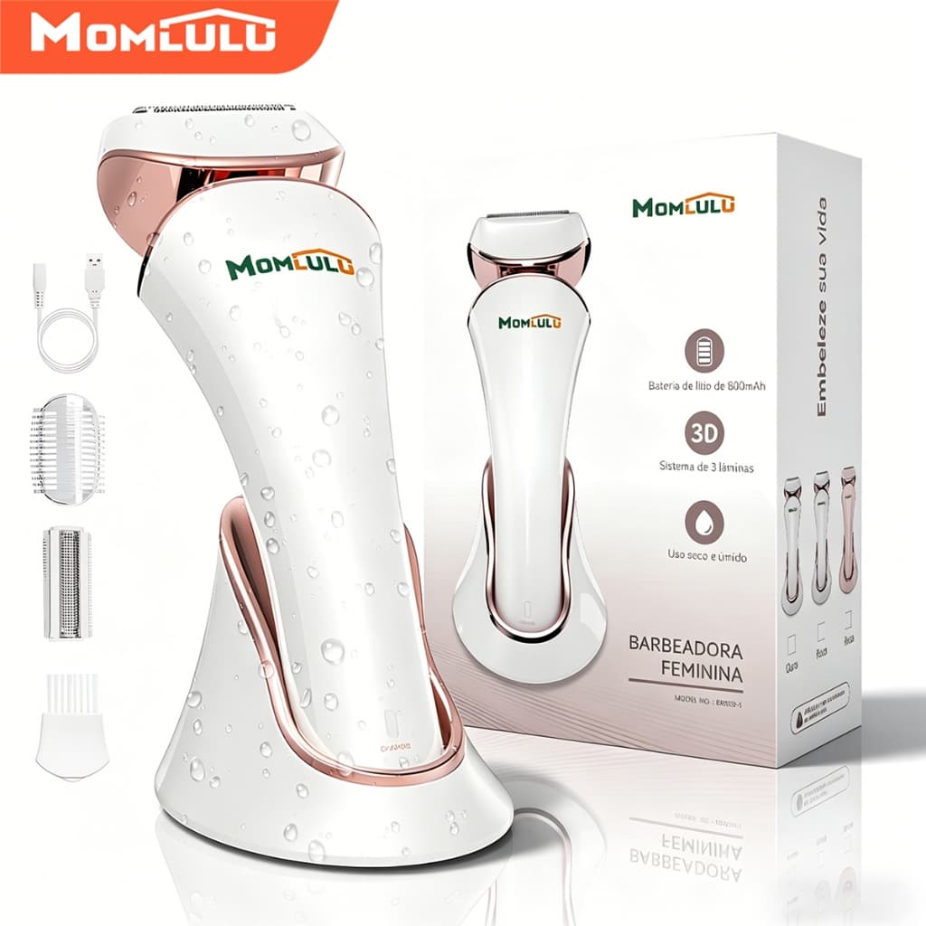 【MOMLULU Barbeador Elétrico Com Luz Feminina】IPX7 Com Base Para Aparar Pubianos Axilas Corpo