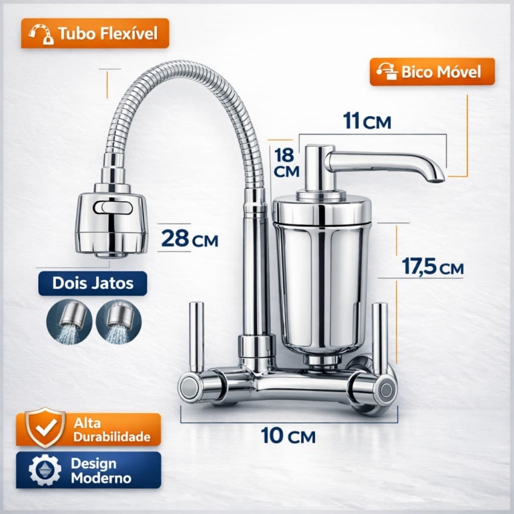 Torneira Filtro de Parede Gourmet Cozinha Flexível Jato Duplo Cromada 1/4 de volta Lux