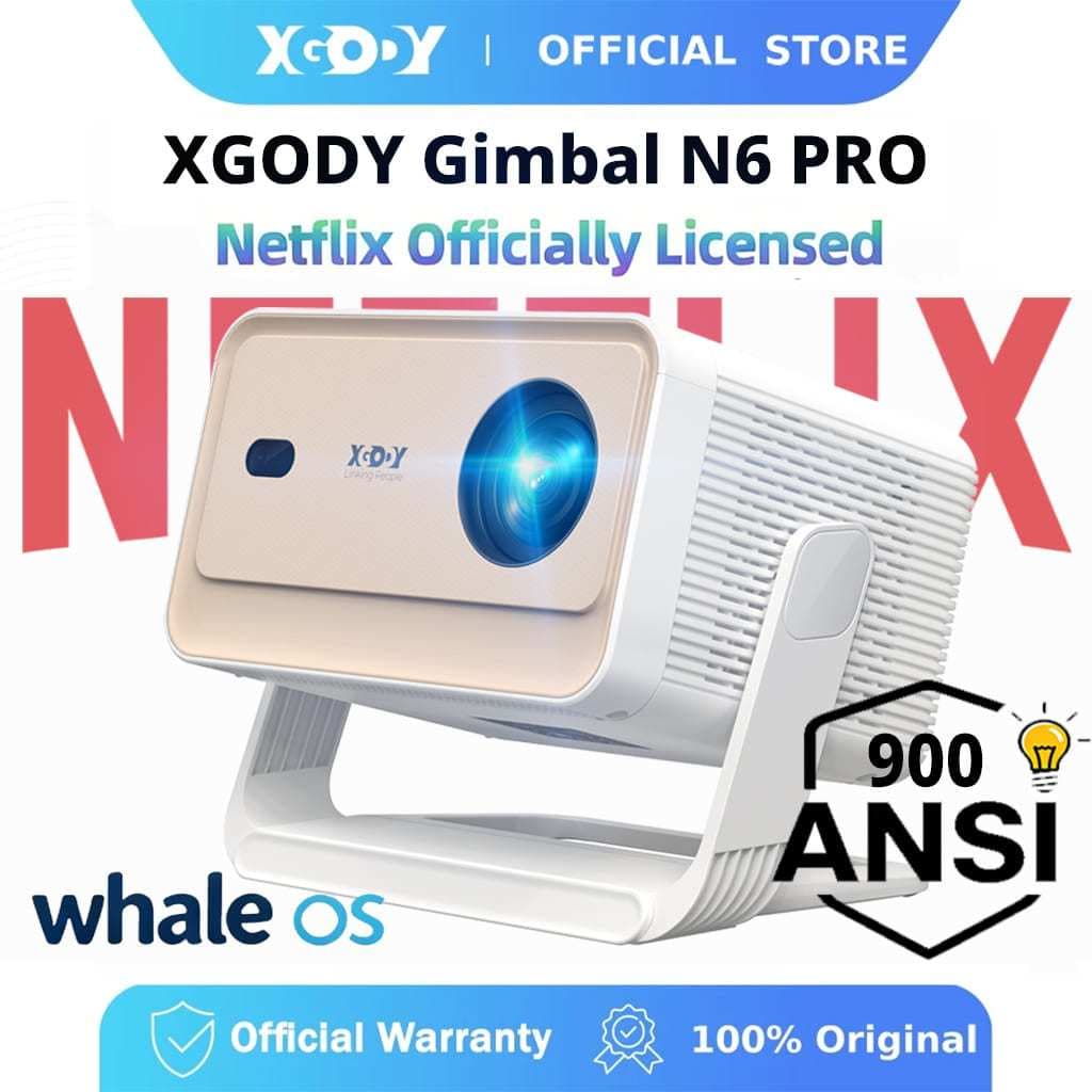 XGODY Gimbal N6PRO Projetor Ultra HD 2GB + 16GB 900ANSI 4K Foco Automático 5W Alto-Falante Wifi 6 Netflix Original