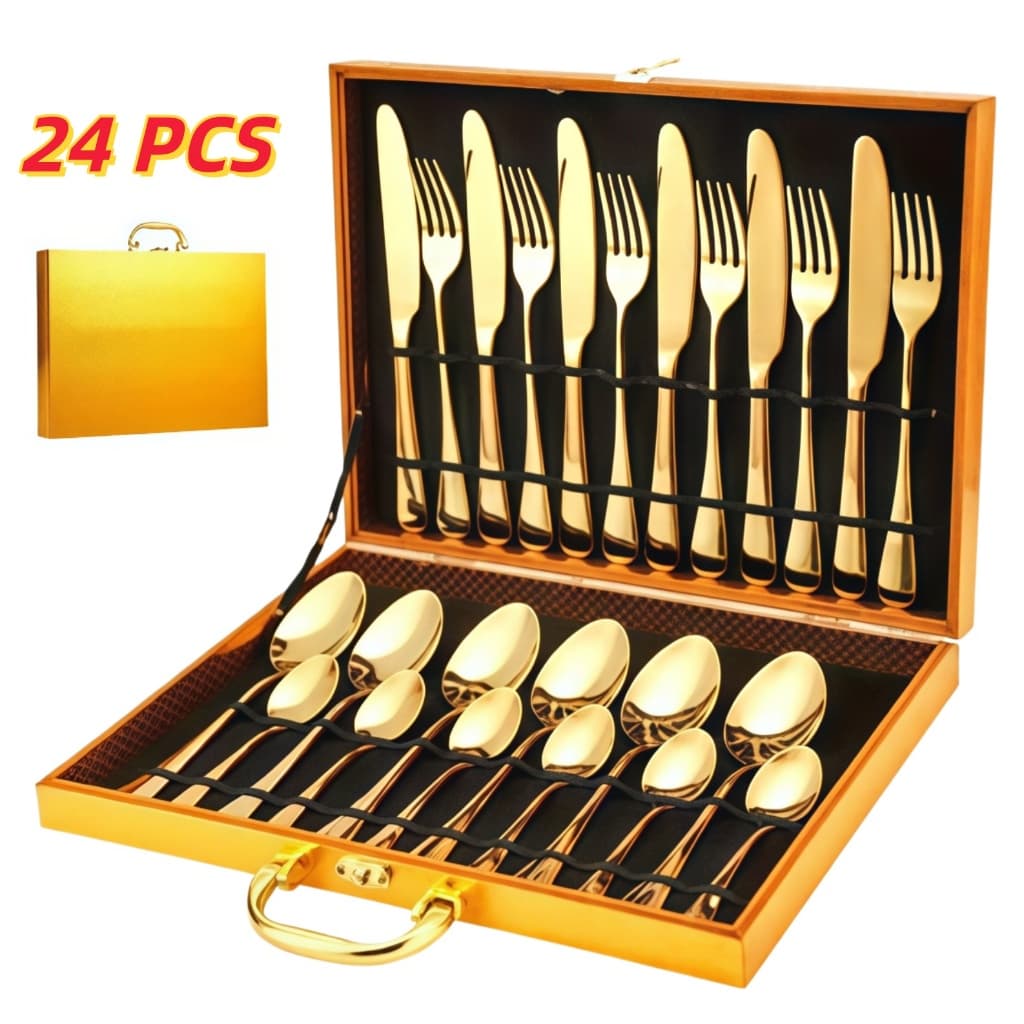 Jogo Talheres 24 Peças Faqueiro Dourado Aço Inox Premium Luxo cozinha Com Maleta