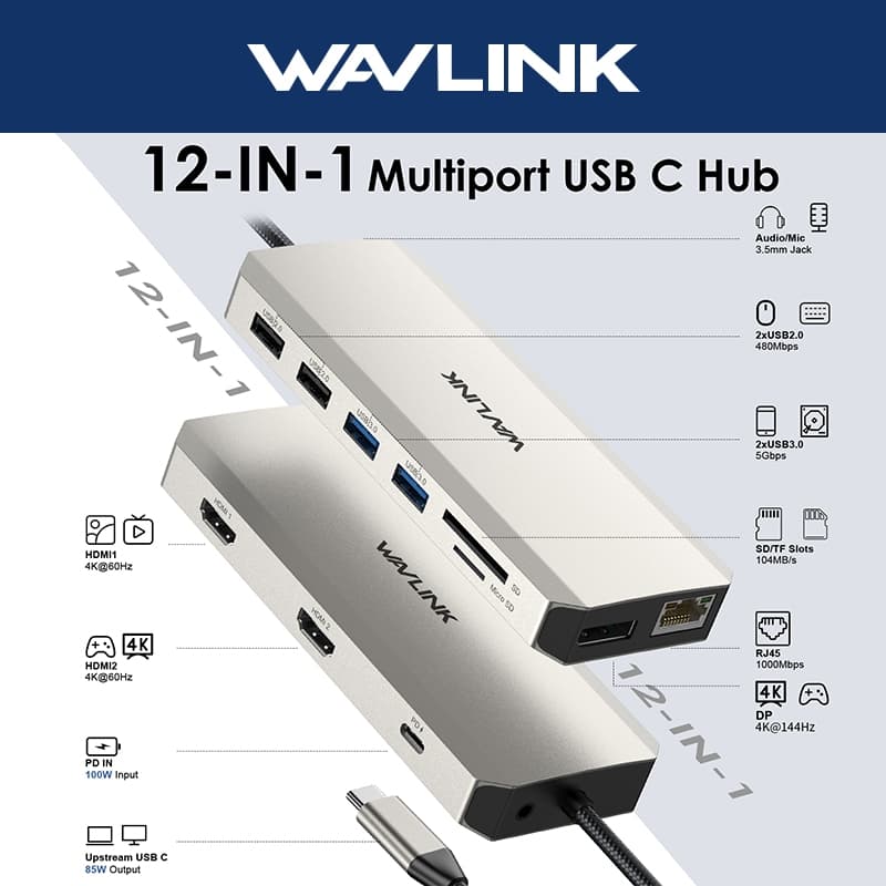 Hub USB WAVLINK 12 Em 1 MST UMD302 Com HDMI Duplo 4K , DP , 100 W PD IN , 5 Gbps USB3.0/2.0 , RJ45 , Slots SD/TF , 3.5 M