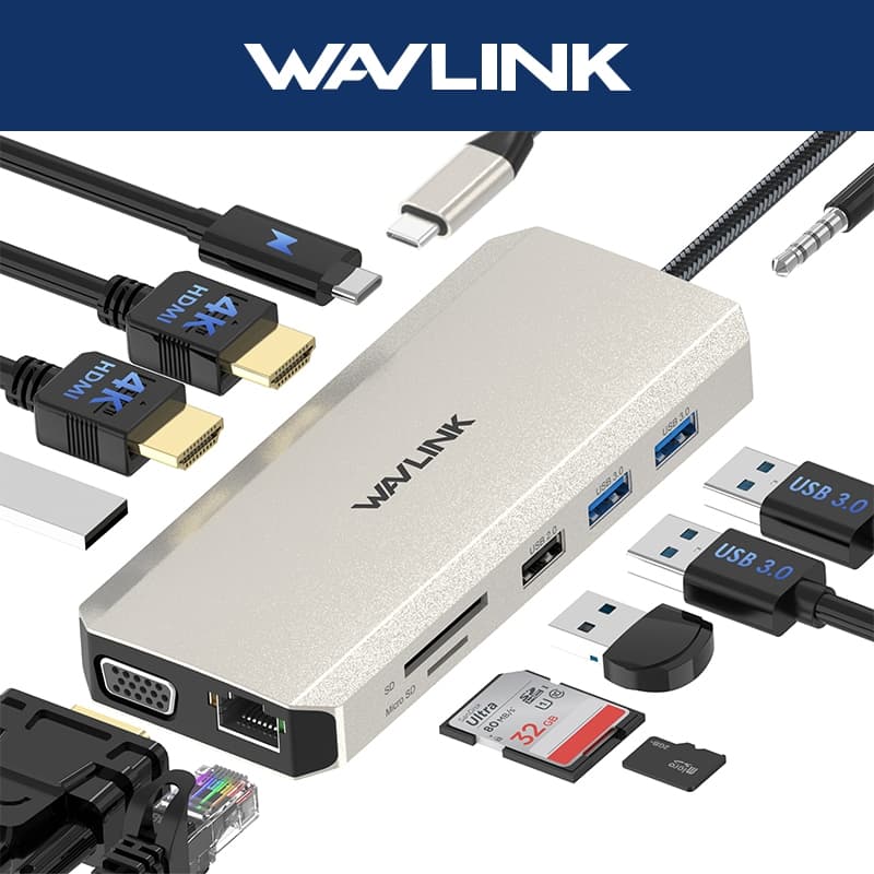 WAVLINK 12-Em-1 MST USB Hub UMD301 Com 4K HDMI/2K VGA , 85W PD , Ethernet , Leitor De Cartão SD , Porta De 3.5 Mm , 3.0/