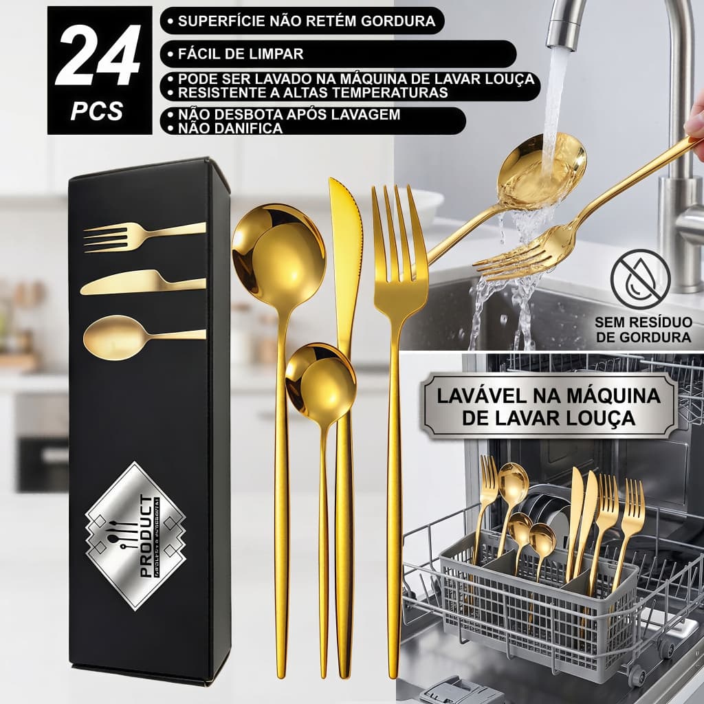 Conjunto de talheres de aço inoxidável banhado a ouro de 24 peças adequado para família e restaurante