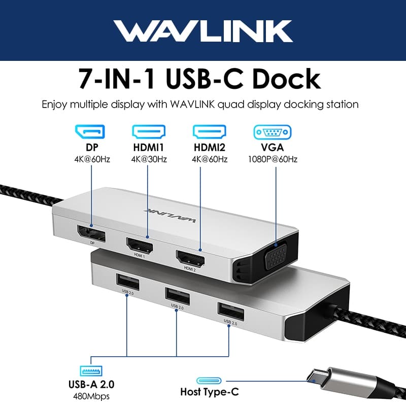 Hub USB WAVLINK 7 Em 1 MST UMD304 Com HDMI Duplo 4K , 4K DP , VGA , 3xUSB2.0 Para Macbook/Windows/Android/Linux/iPad OS