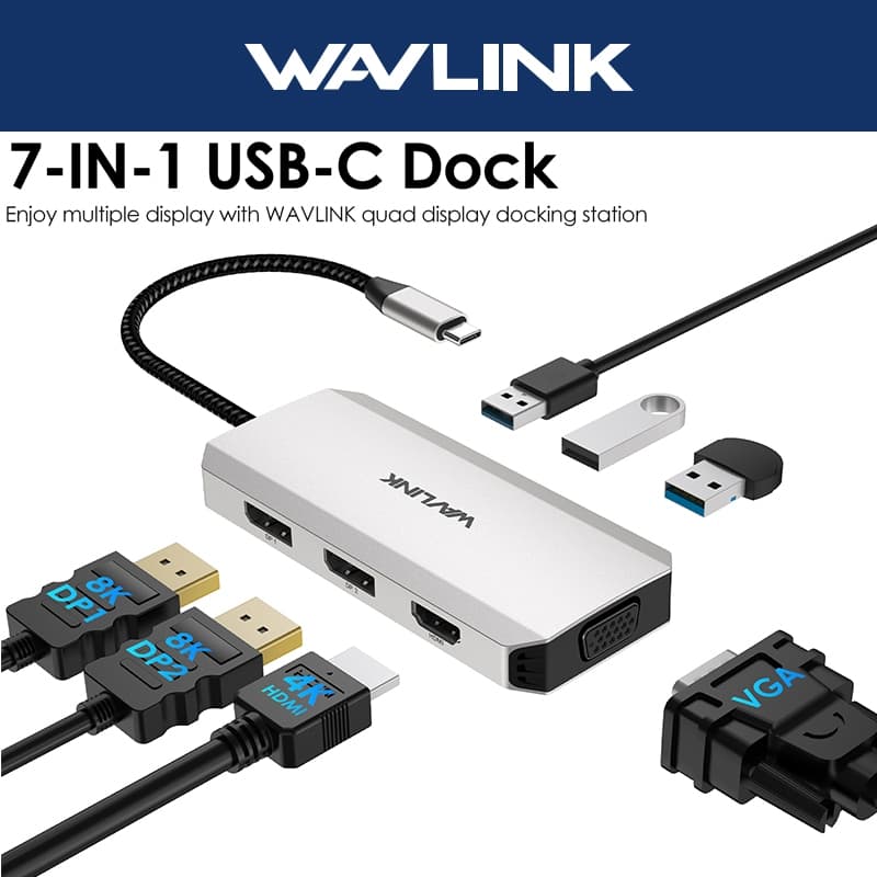WAVLINK 7-Em-1 MST USB HUB UMD307 Com 4K HDMI , 8K DP1/2 , VGA , 3xUSB2.0 Para Macbook/Windows/Chrome OS/Linux/Android/i