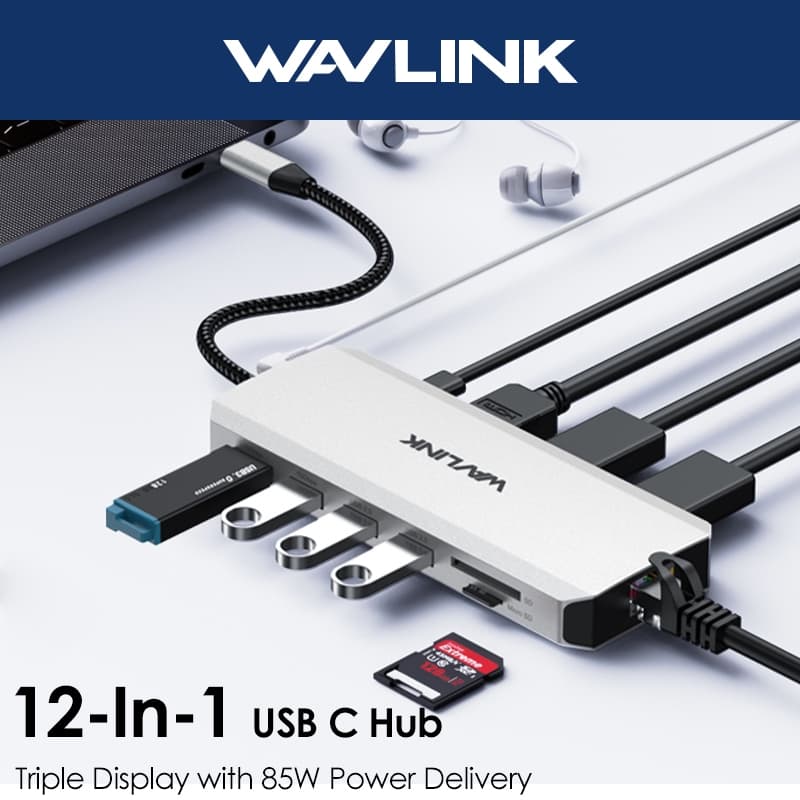 WAVLINK 12-Em-1 MST USB HUB UMD306 Com 4K HDMI , Dual 8K DP , 100W PD , 10Gbps USB3.1 , USB2.0 , RJ45 , Slots SD/TF , Po