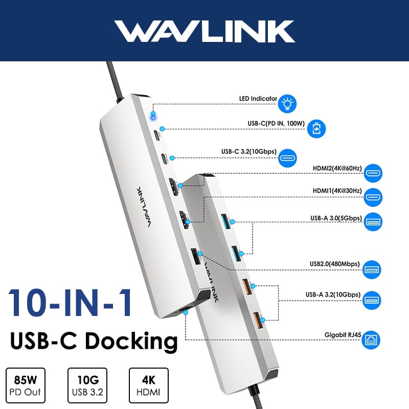 WAVLINK MST USB HUB UMD309 Com HDMI Duplo 4K , 100W PD IN , 10Gbps-A/C 3.2 , 5Gbps , USB2.0 , Gigabit RJ45 Para Macbook/