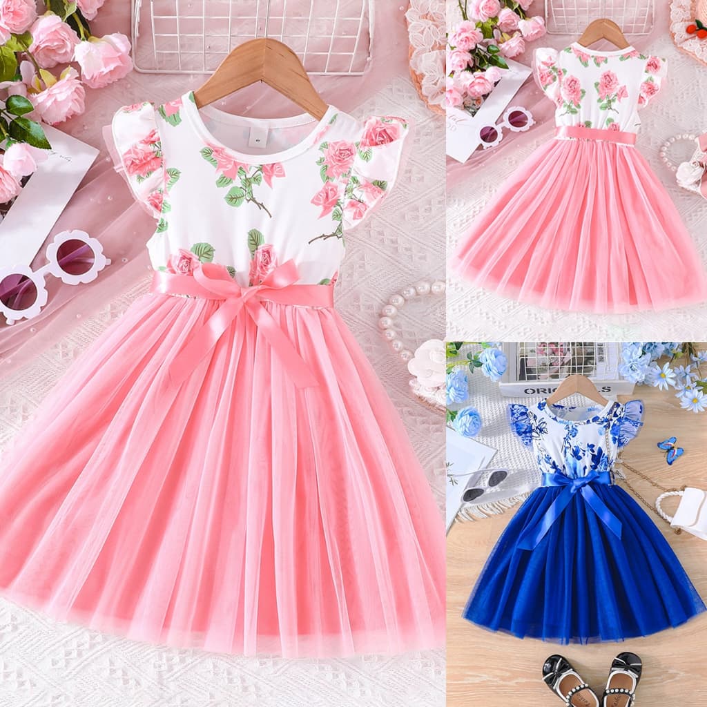 Vestido Infantil Menina Rosa Tule Flores Estampado Manga Curta com Cinto para Festa 3-7 Anos