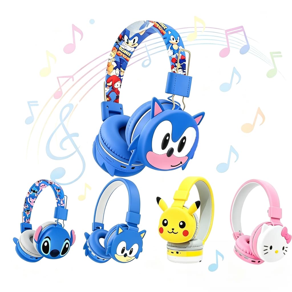 Fone de Ouvido Infantil Sonic e Pikachu Stitch Sem Fio Bluetooth Volume Seguro Dobrável para Crianças